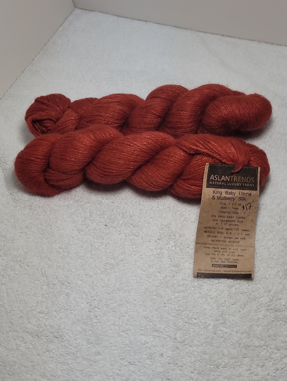 ASLAN TRENDS King Baby Llama & Mulberry Silk Yarn - Rust Orange 2 Skeins NWT